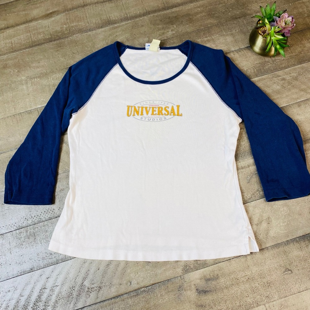 Vintage Universal Studios T Shirt Raglan White Blue 3/4 Sleeve Size Large Y2K